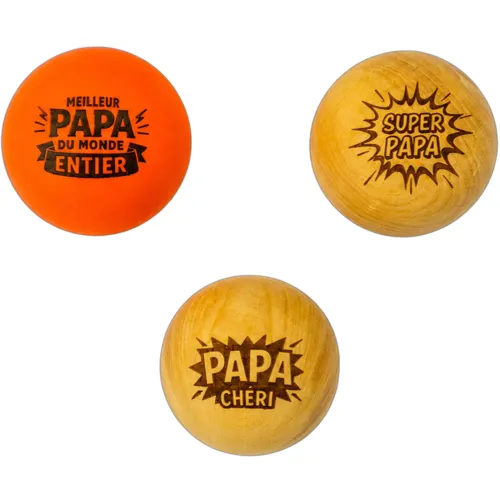 Lot de 3 cochonnets pétanque en bois de buis (dont un fluo) – Papa – cadeau papa